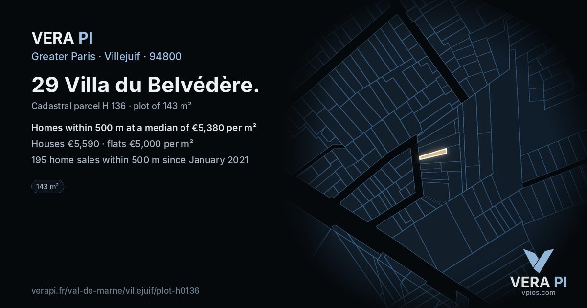 29 Villa du Belvédère, Villejuif at night – the plot lit, the parcels around coloured by the prices near them