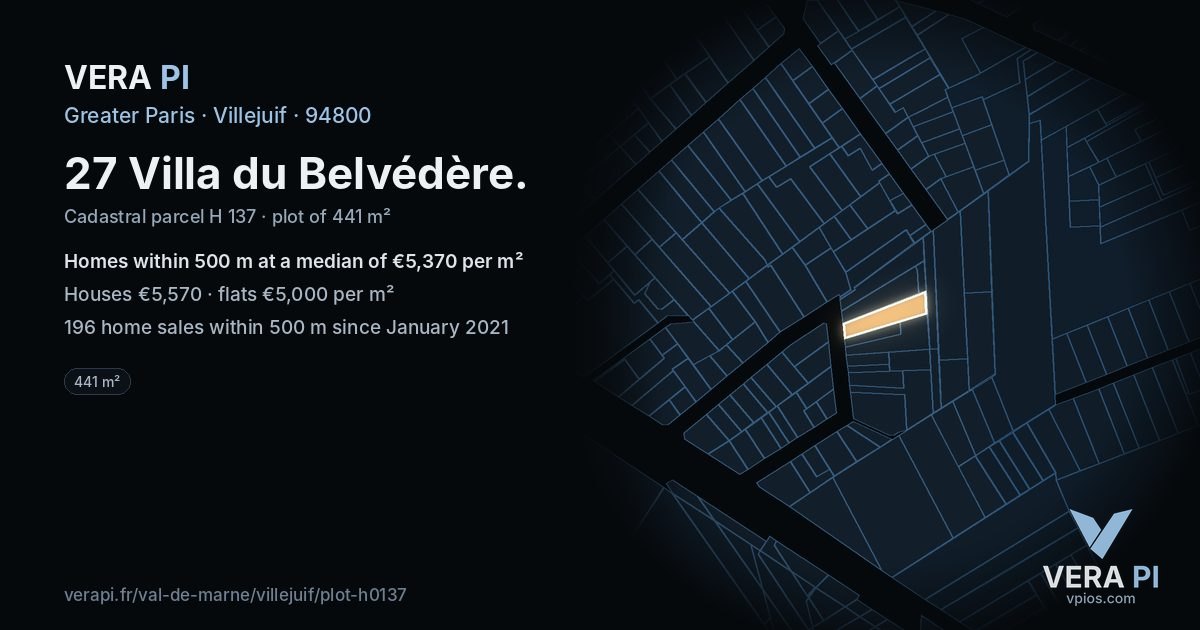 27 Villa du Belvédère, Villejuif at night – the plot lit, the parcels around coloured by the prices near them