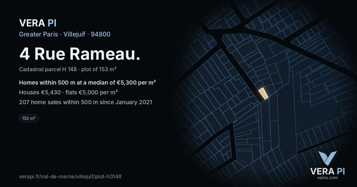 4 Rue Rameau, Villejuif at night – the plot lit, the parcels around coloured by the prices near them