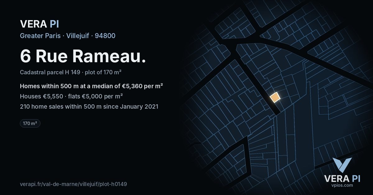 6 Rue Rameau, Villejuif at night – the plot lit, the parcels around coloured by the prices near them