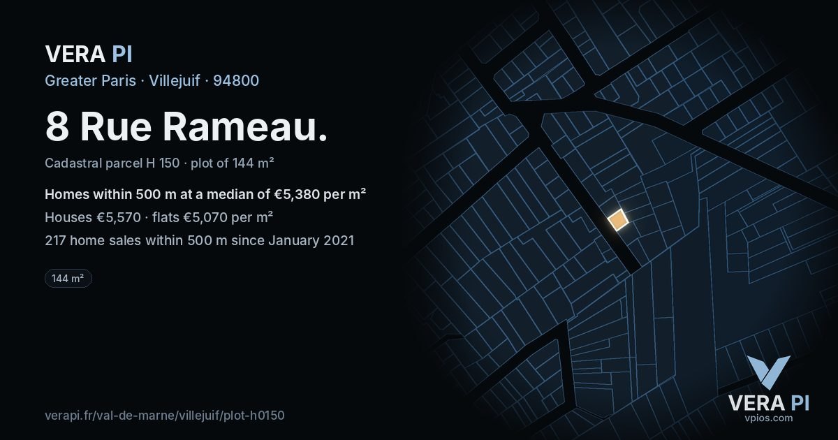 8 Rue Rameau, Villejuif at night – the plot lit, the parcels around coloured by the prices near them