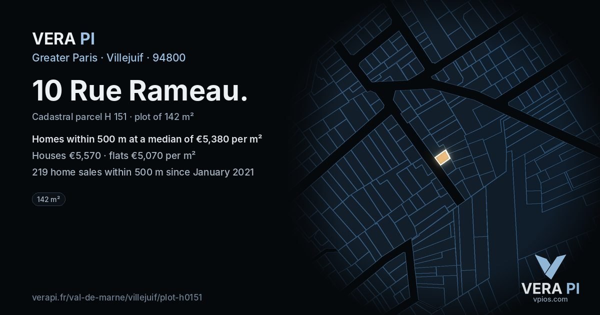 10 Rue Rameau, Villejuif at night – the plot lit, the parcels around coloured by the prices near them