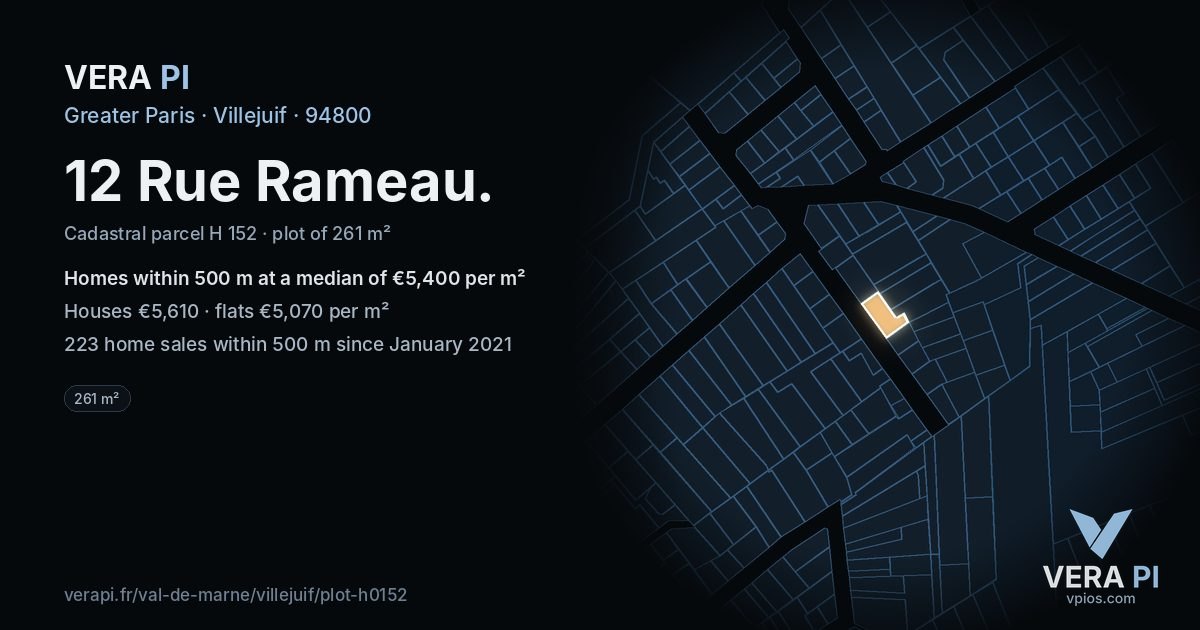 12 Rue Rameau, Villejuif at night – the plot lit, the parcels around coloured by the prices near them