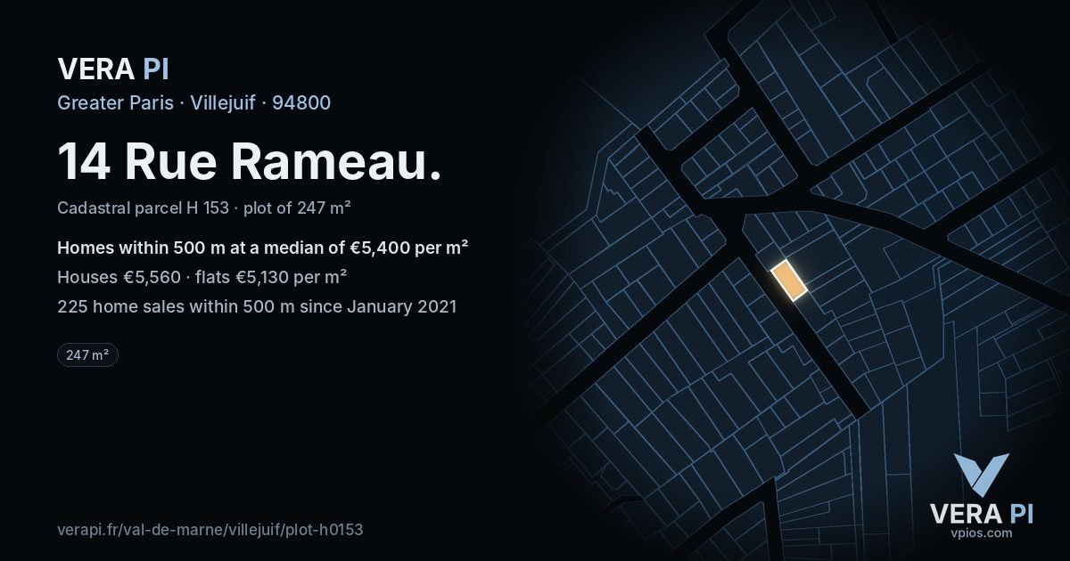 14 Rue Rameau, Villejuif at night – the plot lit, the parcels around coloured by the prices near them
