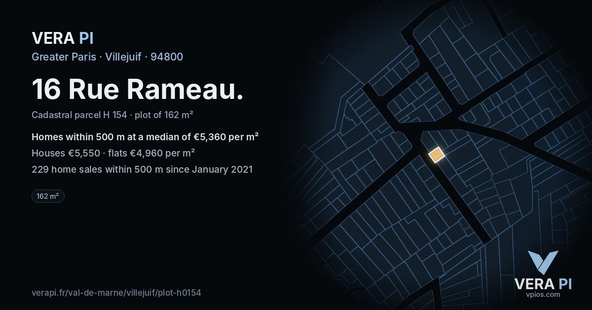 16 Rue Rameau, Villejuif at night – the plot lit, the parcels around coloured by the prices near them