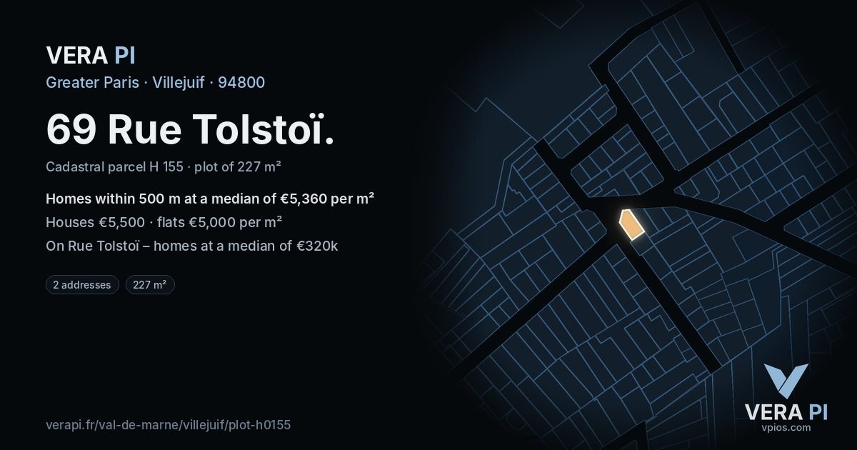 69 Rue Tolstoï, Villejuif at night – the plot lit, the parcels around coloured by the prices near them