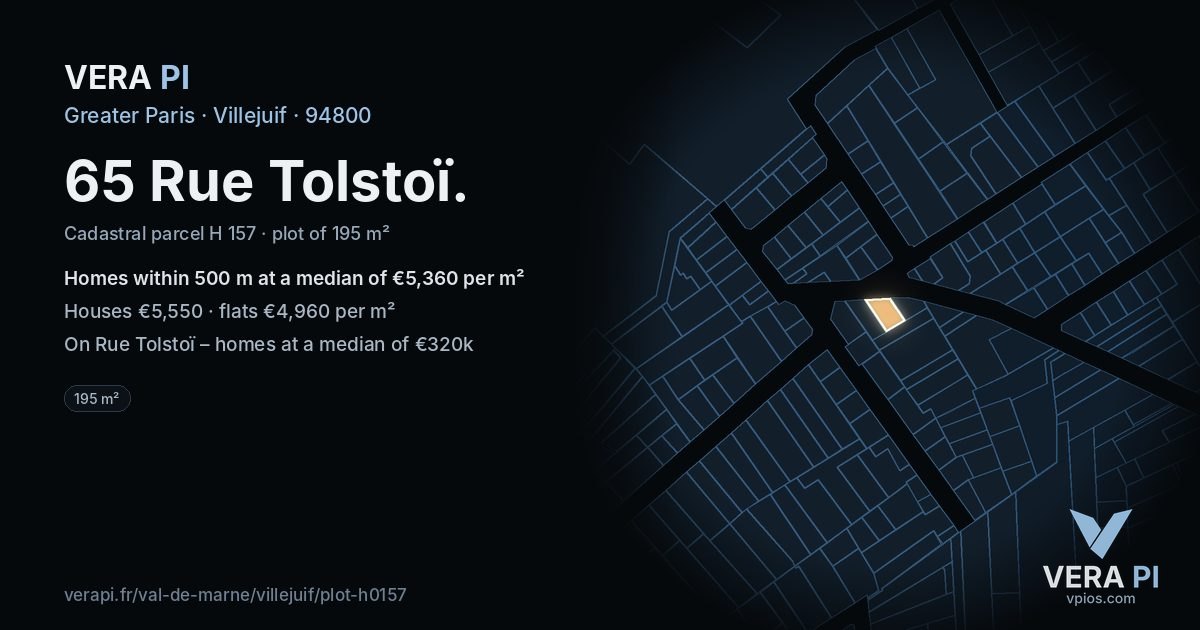 65 Rue Tolstoï, Villejuif at night – the plot lit, the parcels around coloured by the prices near them