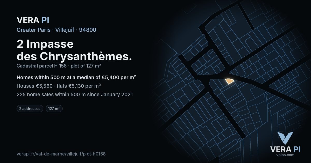 2 Impasse des Chrysanthèmes, Villejuif at night – the plot lit, the parcels around coloured by the prices near them