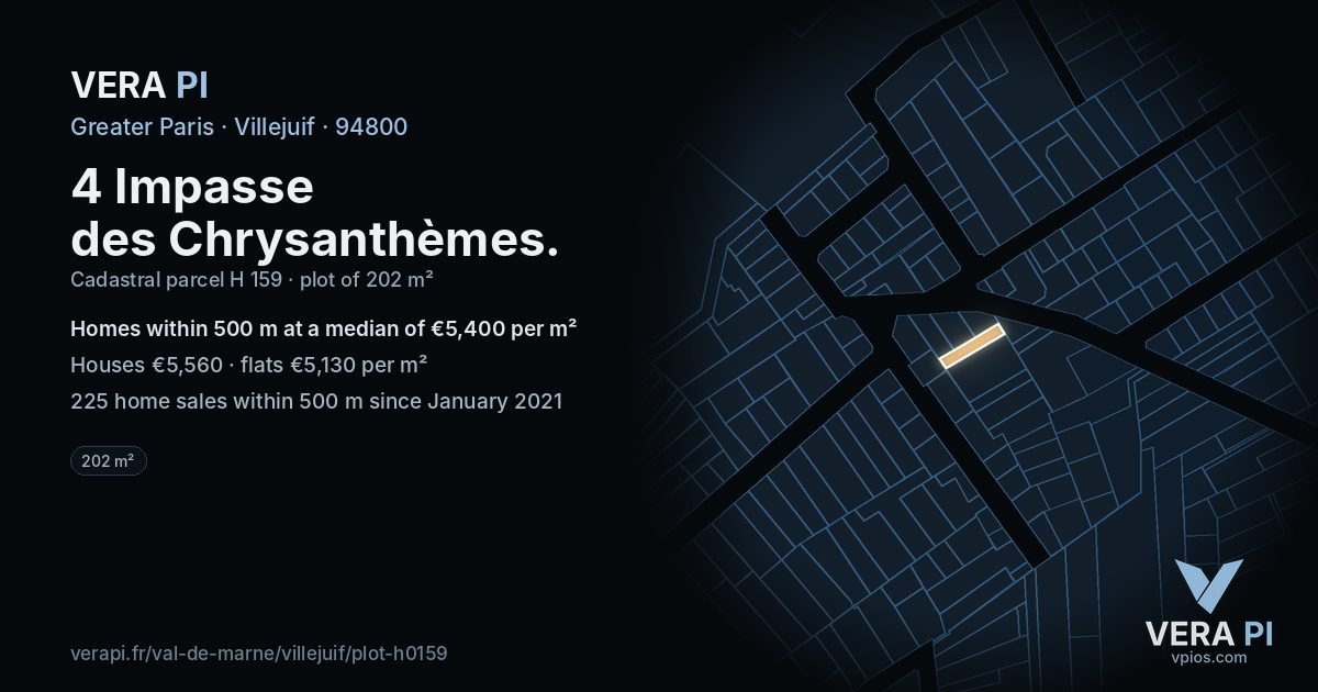 4 Impasse des Chrysanthèmes, Villejuif at night – the plot lit, the parcels around coloured by the prices near them