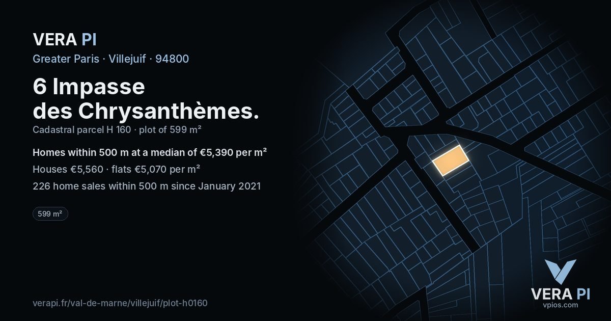 6 Impasse des Chrysanthèmes, Villejuif at night – the plot lit, the parcels around coloured by the prices near them