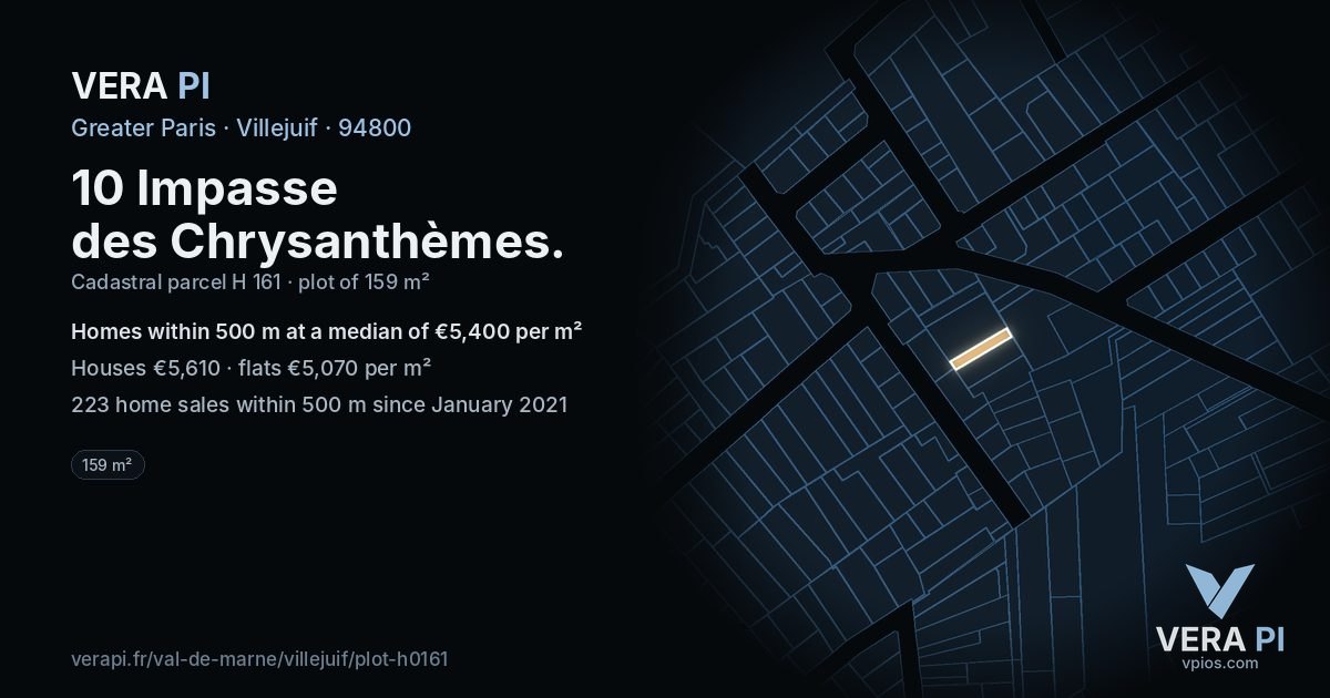 10 Impasse des Chrysanthèmes, Villejuif at night – the plot lit, the parcels around coloured by the prices near them