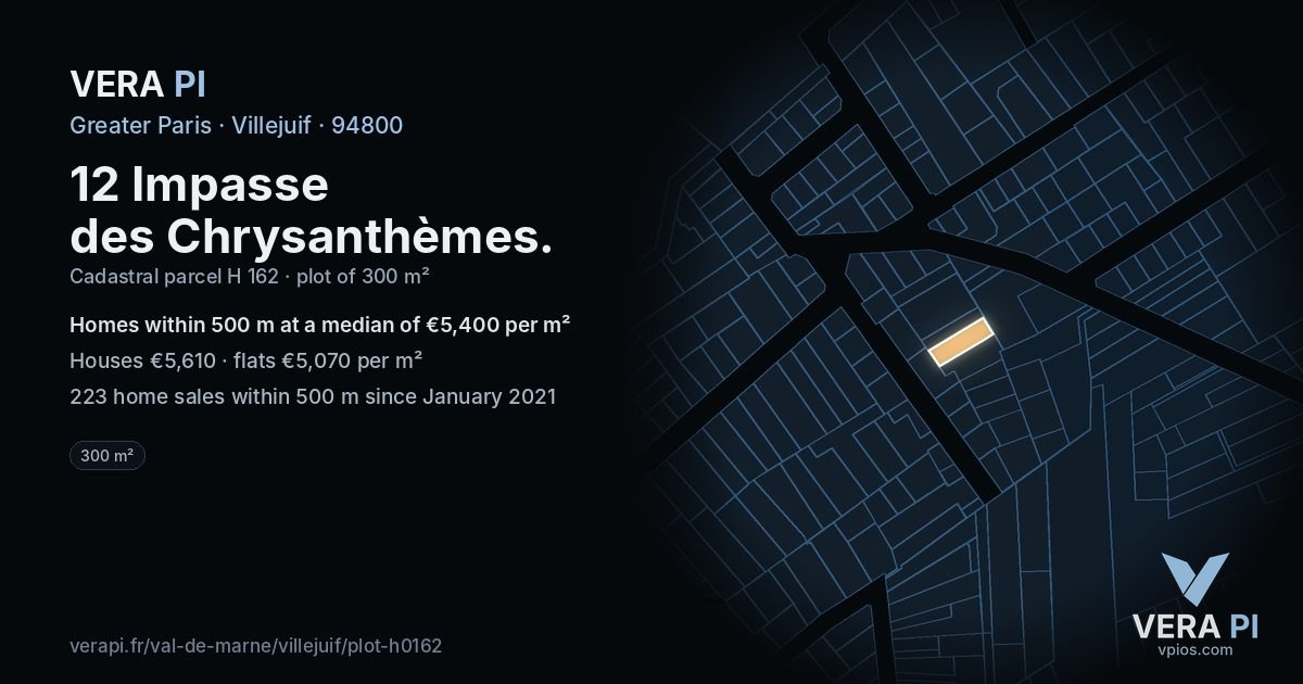 12 Impasse des Chrysanthèmes, Villejuif at night – the plot lit, the parcels around coloured by the prices near them