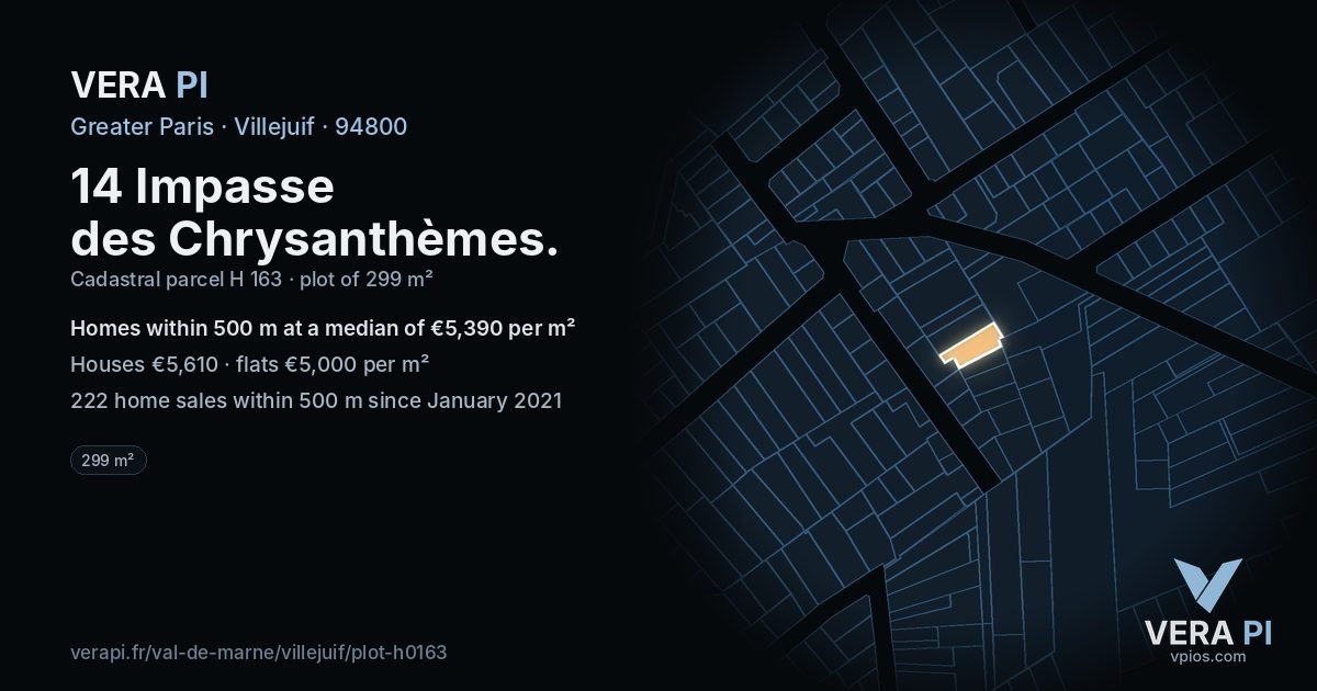 14 Impasse des Chrysanthèmes, Villejuif at night – the plot lit, the parcels around coloured by the prices near them