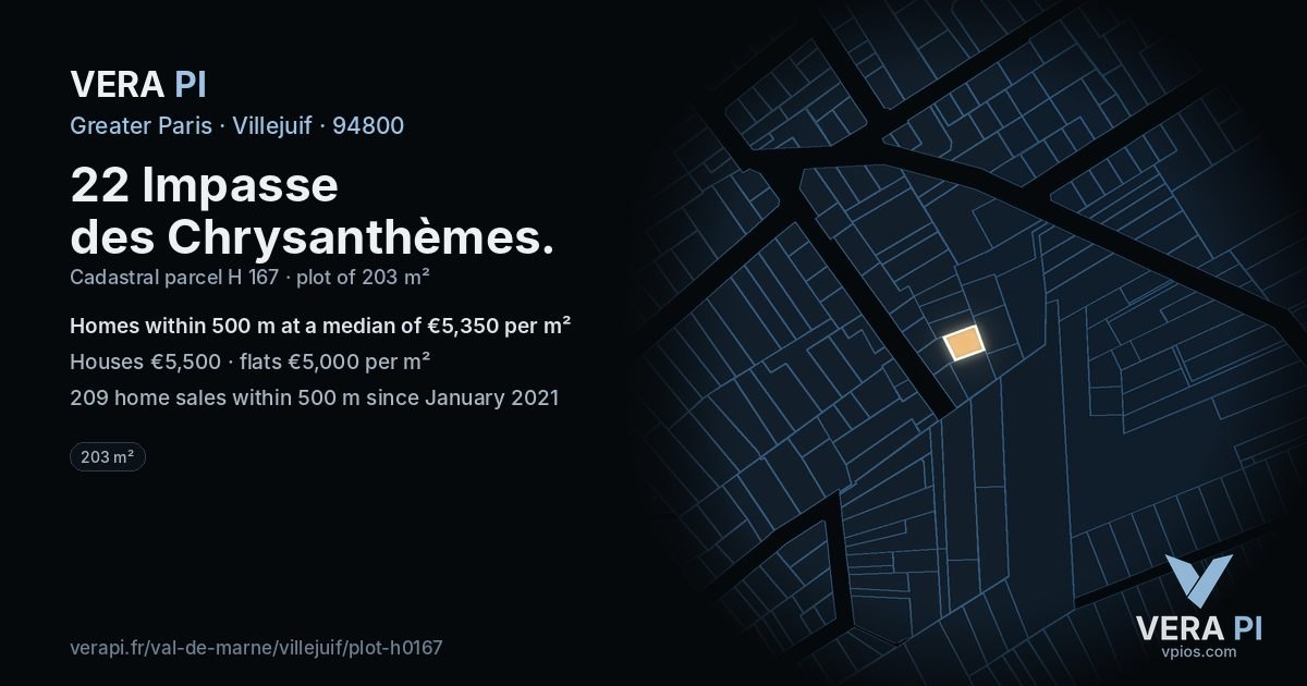 22 Impasse des Chrysanthèmes, Villejuif at night – the plot lit, the parcels around coloured by the prices near them