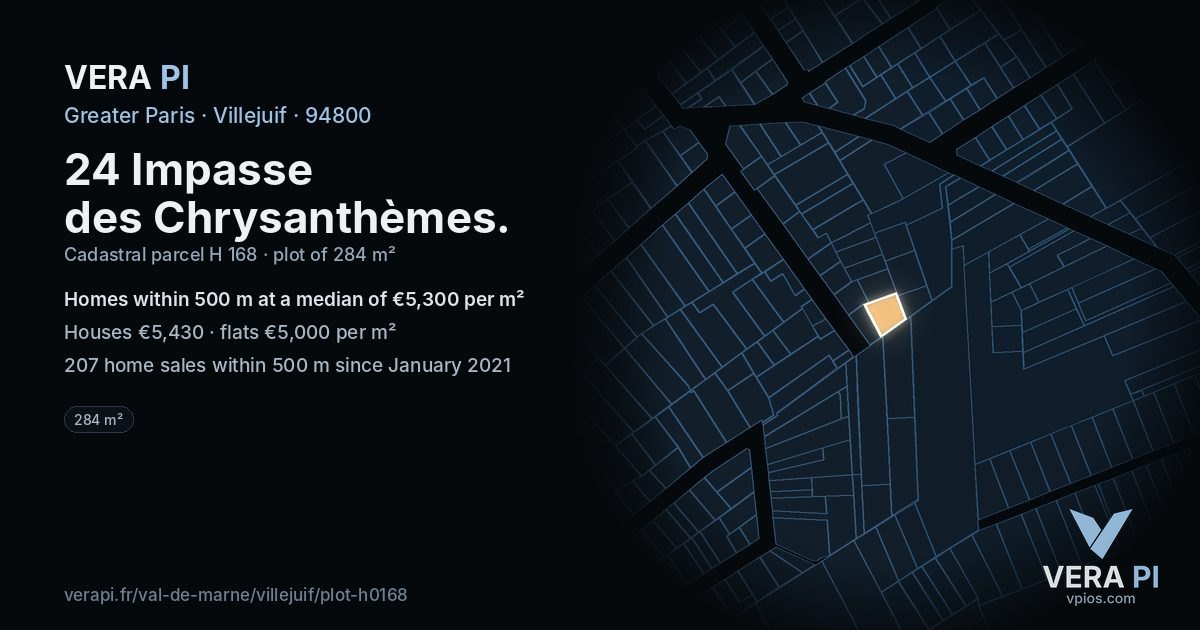 24 Impasse des Chrysanthèmes, Villejuif at night – the plot lit, the parcels around coloured by the prices near them