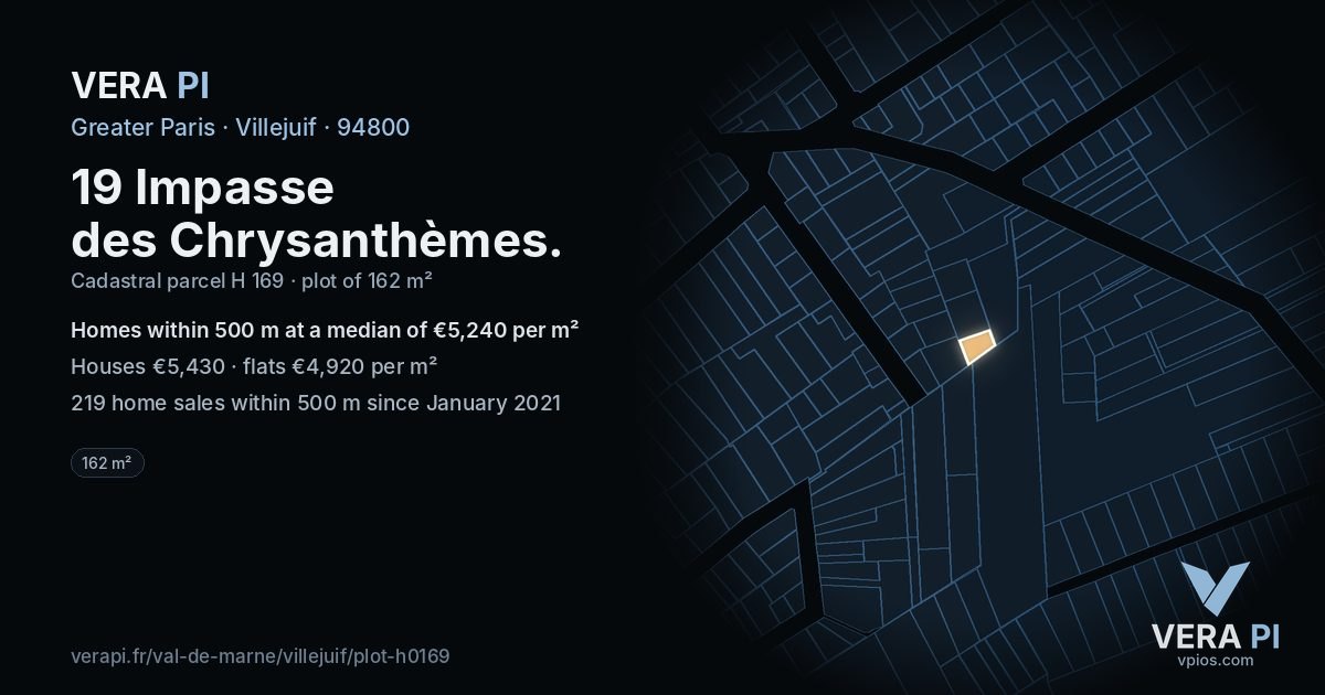 19 Impasse des Chrysanthèmes, Villejuif at night – the plot lit, the parcels around coloured by the prices near them