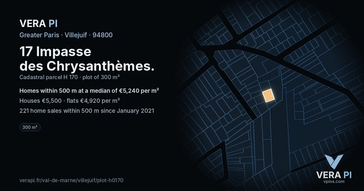 17 Impasse des Chrysanthèmes, Villejuif at night – the plot lit, the parcels around coloured by the prices near them