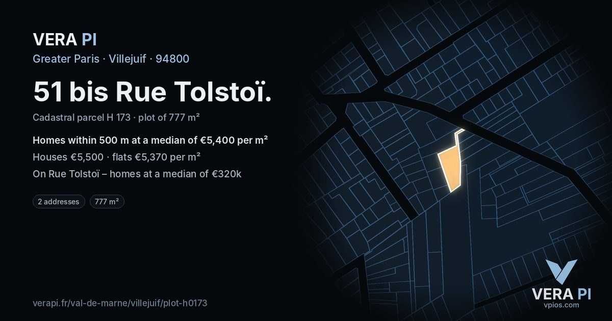 51 bis Rue Tolstoï, Villejuif at night – the plot lit, the parcels around coloured by the prices near them