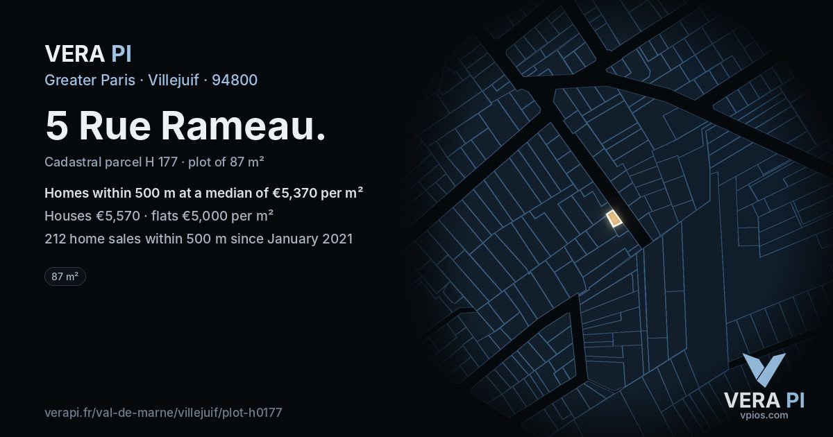 5 Rue Rameau, Villejuif at night – the plot lit, the parcels around coloured by the prices near them