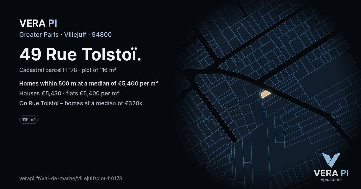 49 Rue Tolstoï, Villejuif at night – the plot lit, the parcels around coloured by the prices near them