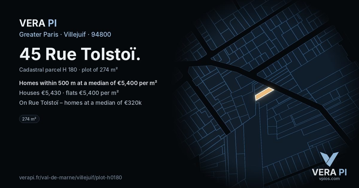 45 Rue Tolstoï, Villejuif at night – the plot lit, the parcels around coloured by the prices near them