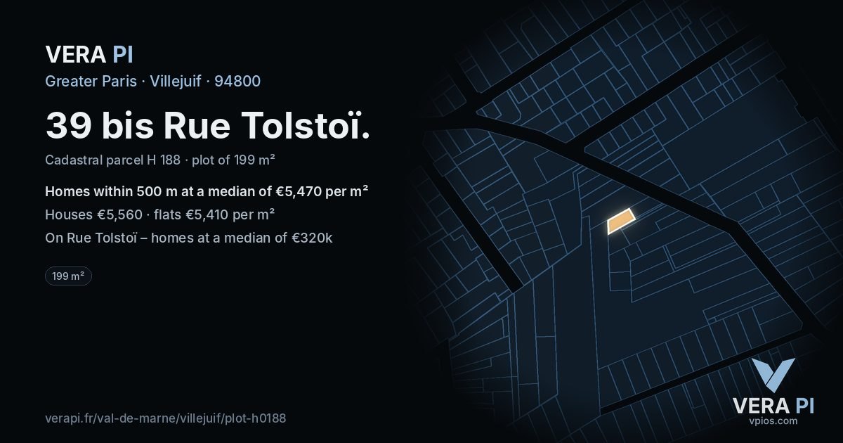 39 bis Rue Tolstoï, Villejuif at night – the plot lit, the parcels around coloured by the prices near them