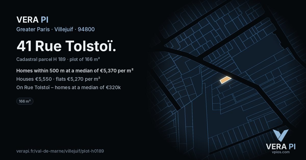 41 Rue Tolstoï, Villejuif at night – the plot lit, the parcels around coloured by the prices near them