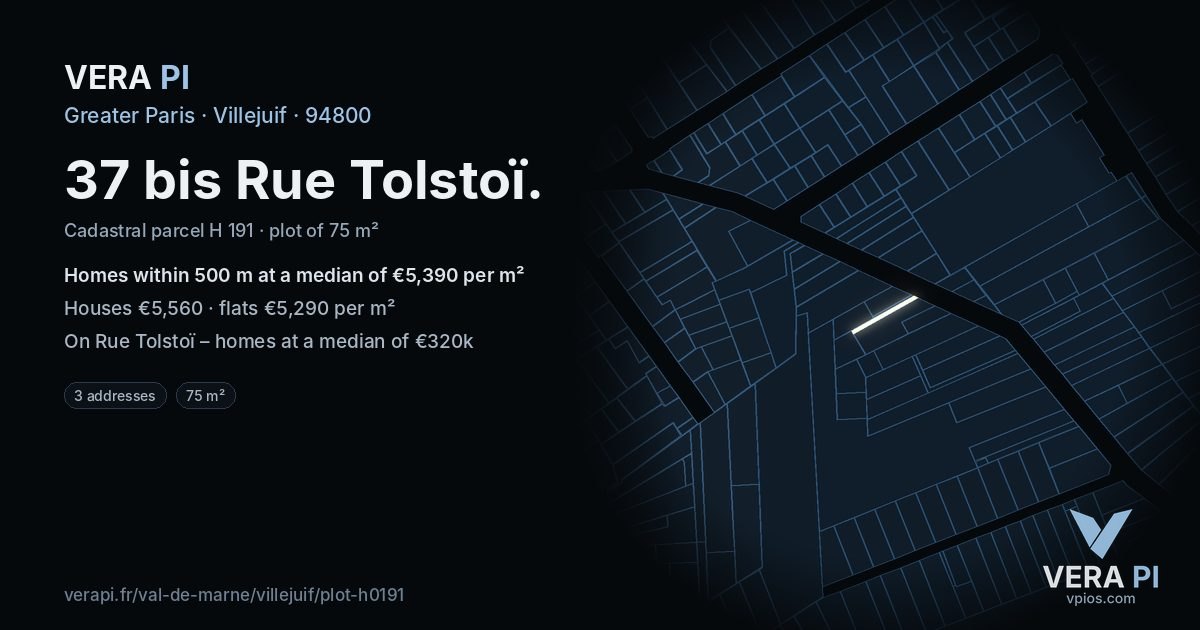 37 bis Rue Tolstoï, Villejuif at night – the plot lit, the parcels around coloured by the prices near them