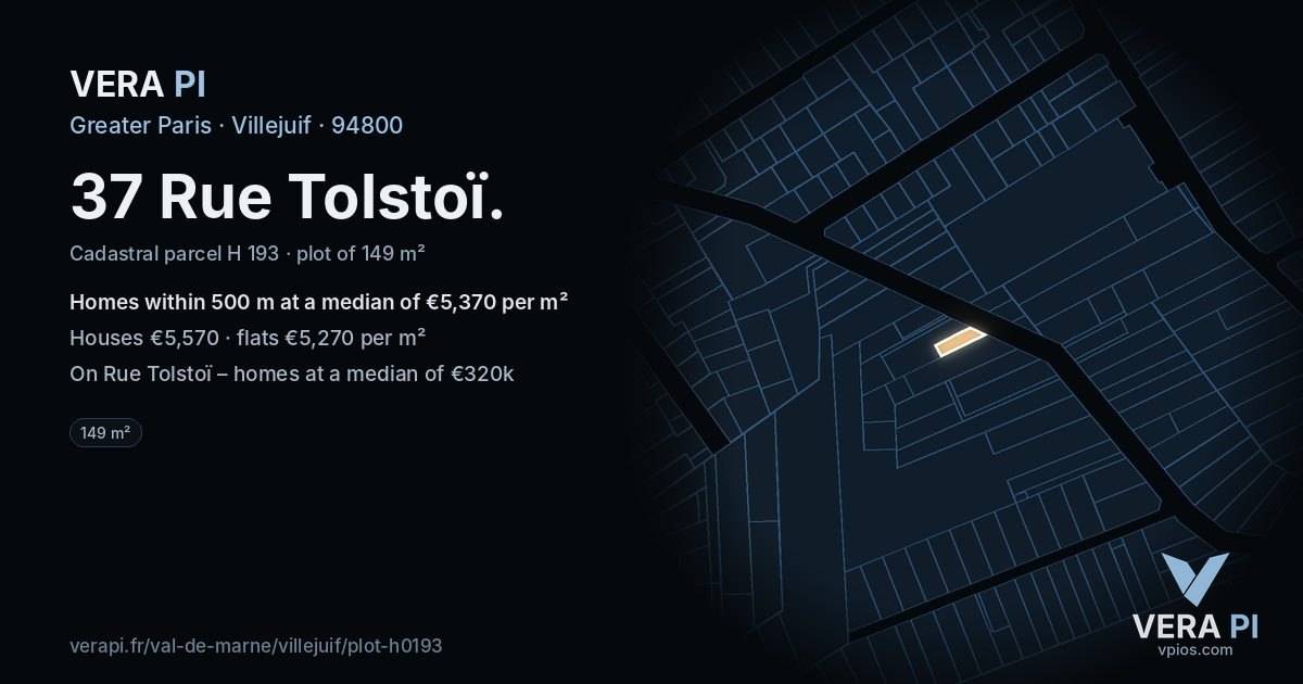 37 Rue Tolstoï, Villejuif at night – the plot lit, the parcels around coloured by the prices near them