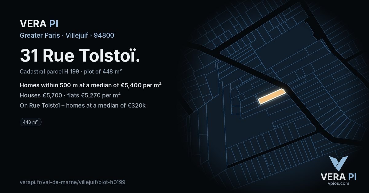 31 Rue Tolstoï, Villejuif at night – the plot lit, the parcels around coloured by the prices near them