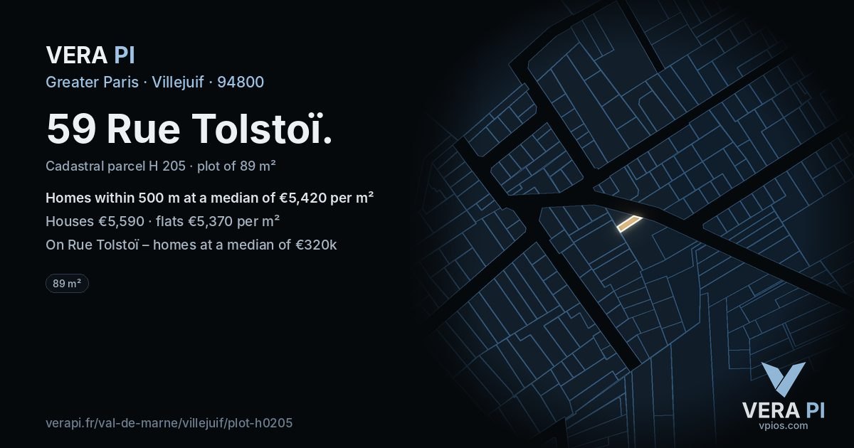 59 Rue Tolstoï, Villejuif at night – the plot lit, the parcels around coloured by the prices near them