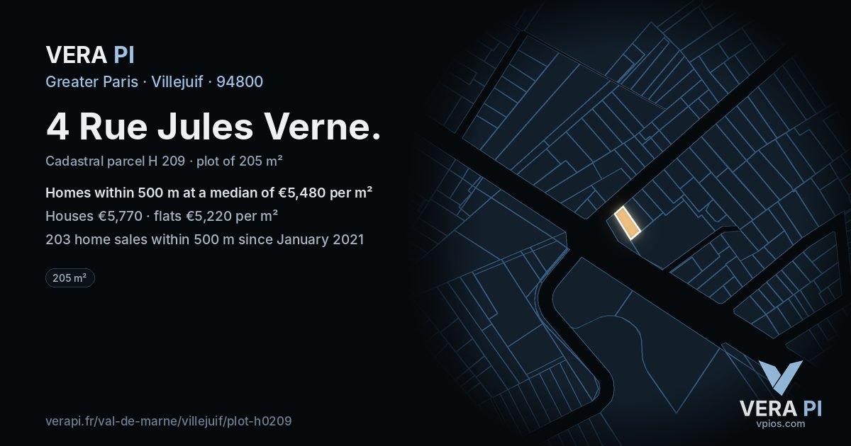 4 Rue Jules Verne, Villejuif at night – the plot lit, the parcels around coloured by the prices near them