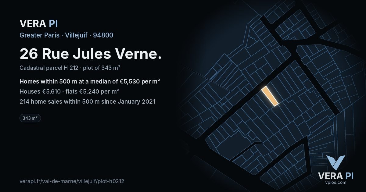 26 Rue Jules Verne, Villejuif at night – the plot lit, the parcels around coloured by the prices near them