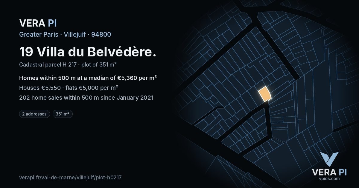 19 Villa du Belvédère, Villejuif at night – the plot lit, the parcels around coloured by the prices near them