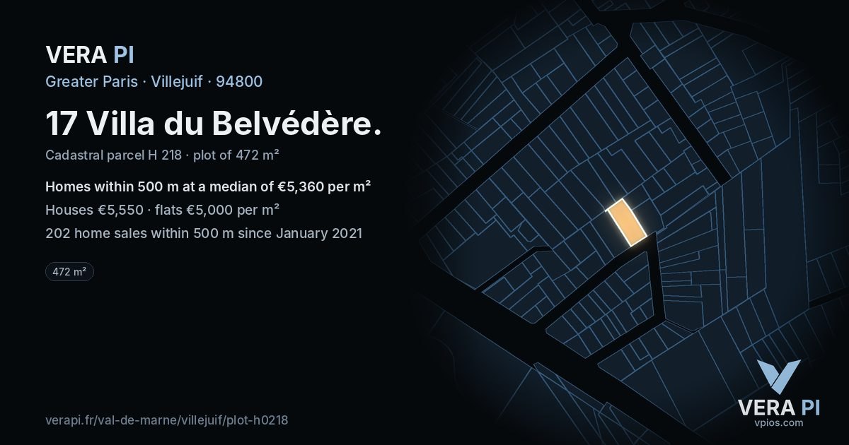 17 Villa du Belvédère, Villejuif at night – the plot lit, the parcels around coloured by the prices near them