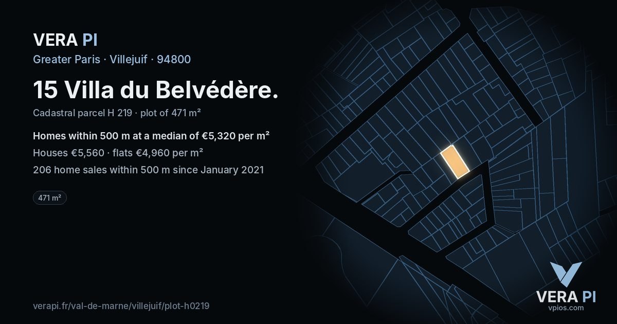 15 Villa du Belvédère, Villejuif at night – the plot lit, the parcels around coloured by the prices near them