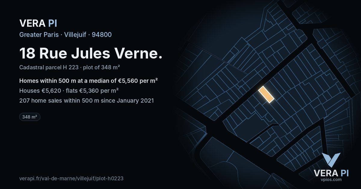 18 Rue Jules Verne, Villejuif at night – the plot lit, the parcels around coloured by the prices near them