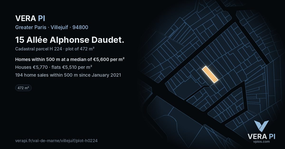 15 Allée Alphonse Daudet, Villejuif at night – the plot lit, the parcels around coloured by the prices near them