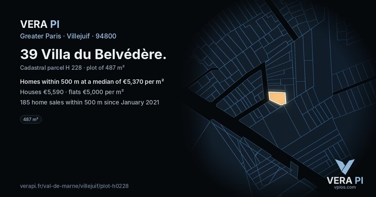 39 Villa du Belvédère, Villejuif at night – the plot lit, the parcels around coloured by the prices near them