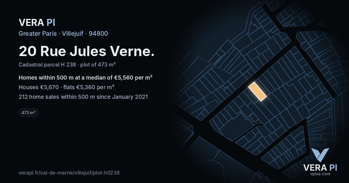 20 Rue Jules Verne, Villejuif at night – the plot lit, the parcels around coloured by the prices near them