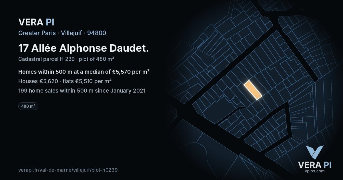 17 Allée Alphonse Daudet, Villejuif at night – the plot lit, the parcels around coloured by the prices near them
