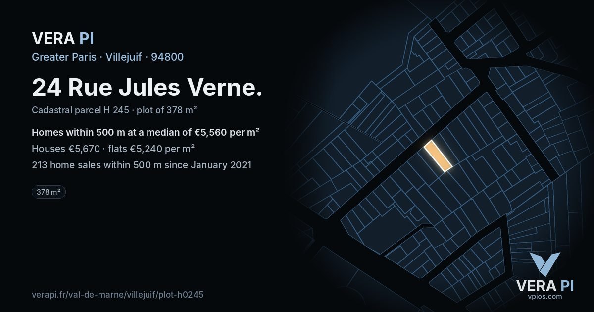 24 Rue Jules Verne, Villejuif at night – the plot lit, the parcels around coloured by the prices near them