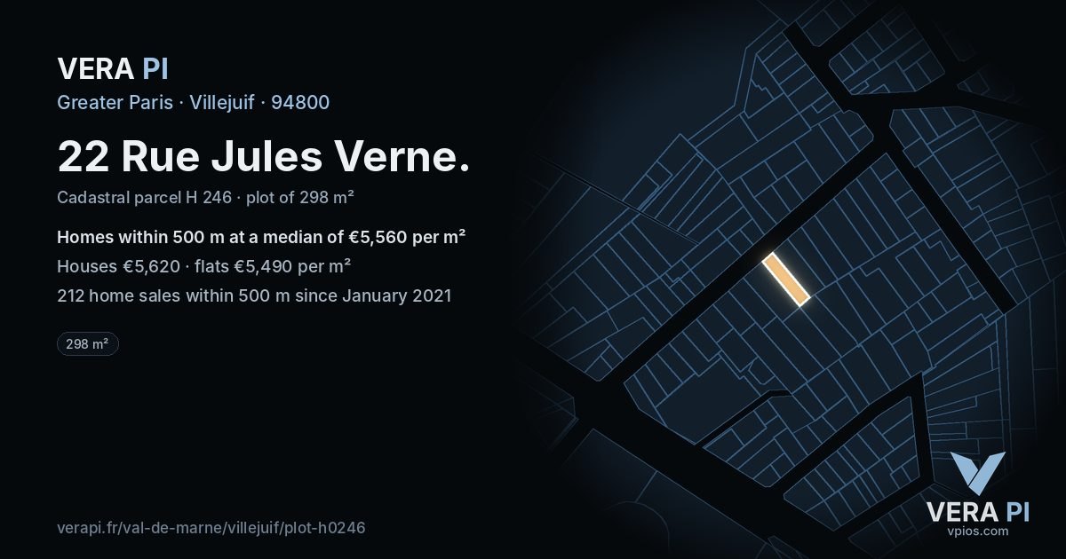 22 Rue Jules Verne, Villejuif at night – the plot lit, the parcels around coloured by the prices near them