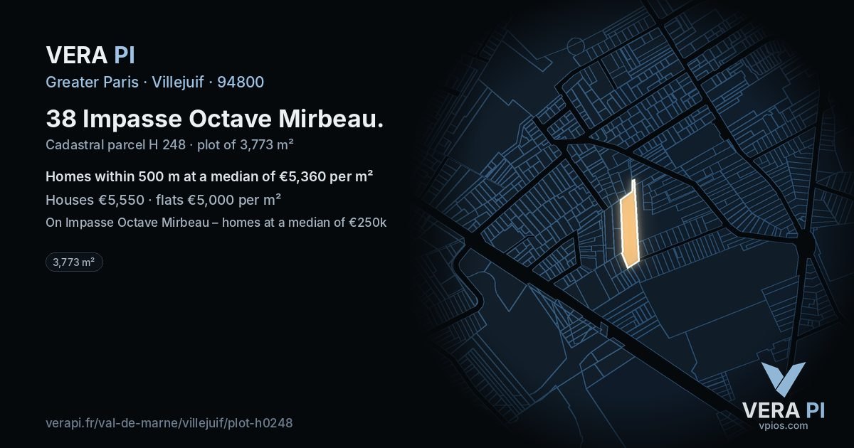 38 Impasse Octave Mirbeau, Villejuif at night – the plot lit, the parcels around coloured by the prices near them