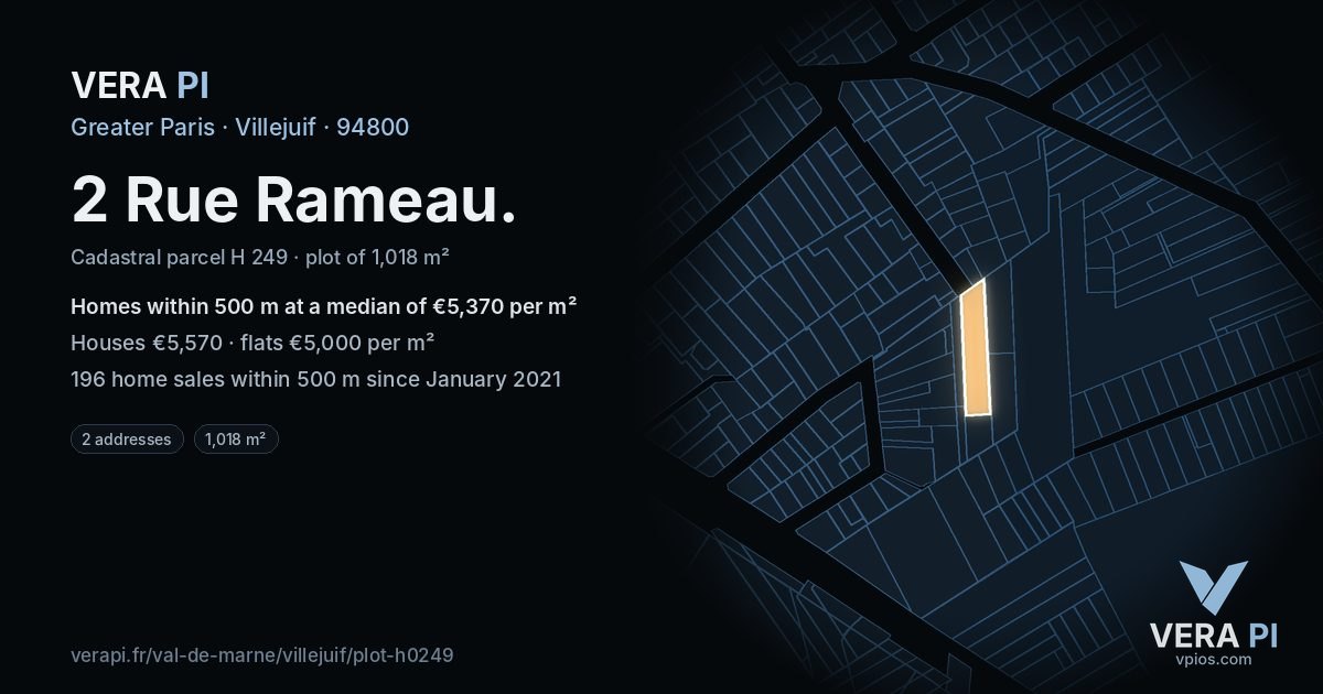 2 Rue Rameau, Villejuif at night – the plot lit, the parcels around coloured by the prices near them