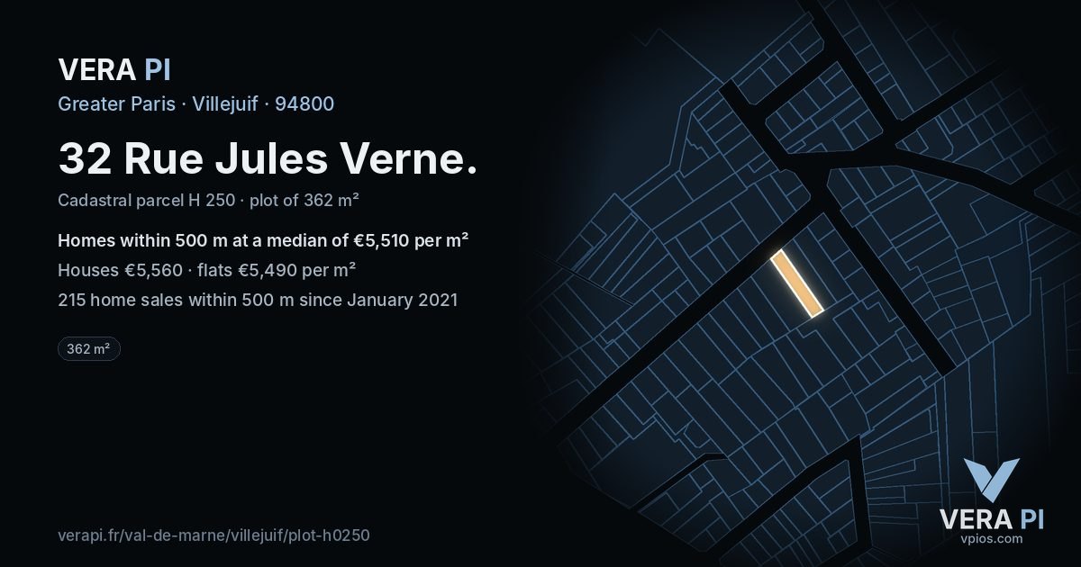 32 Rue Jules Verne, Villejuif at night – the plot lit, the parcels around coloured by the prices near them