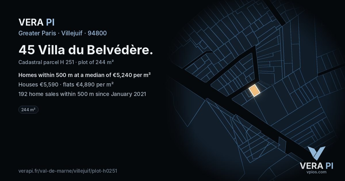 45 Villa du Belvédère, Villejuif at night – the plot lit, the parcels around coloured by the prices near them