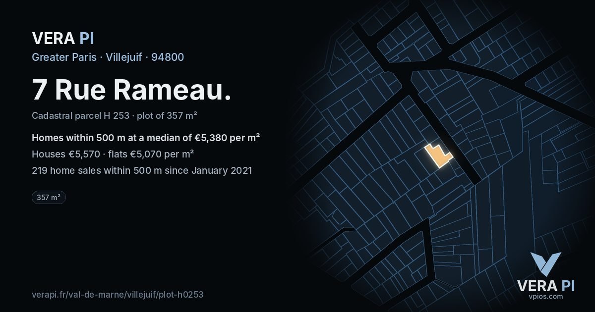 7 Rue Rameau, Villejuif at night – the plot lit, the parcels around coloured by the prices near them
