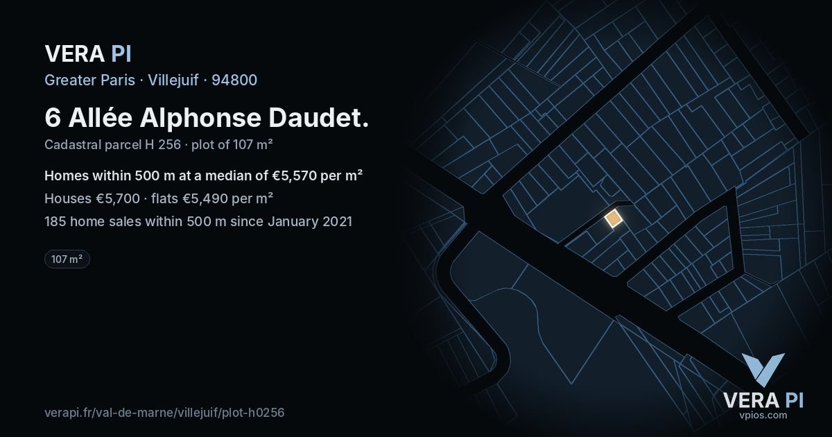 6 Allée Alphonse Daudet, Villejuif at night – the plot lit, the parcels around coloured by the prices near them