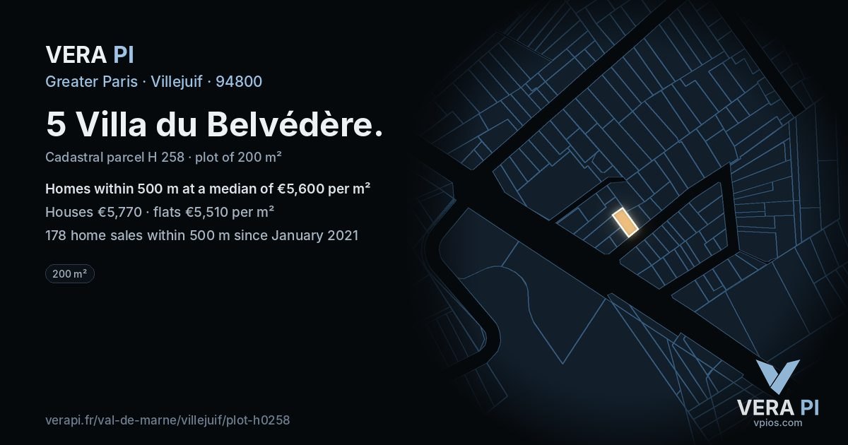 5 Villa du Belvédère, Villejuif at night – the plot lit, the parcels around coloured by the prices near them